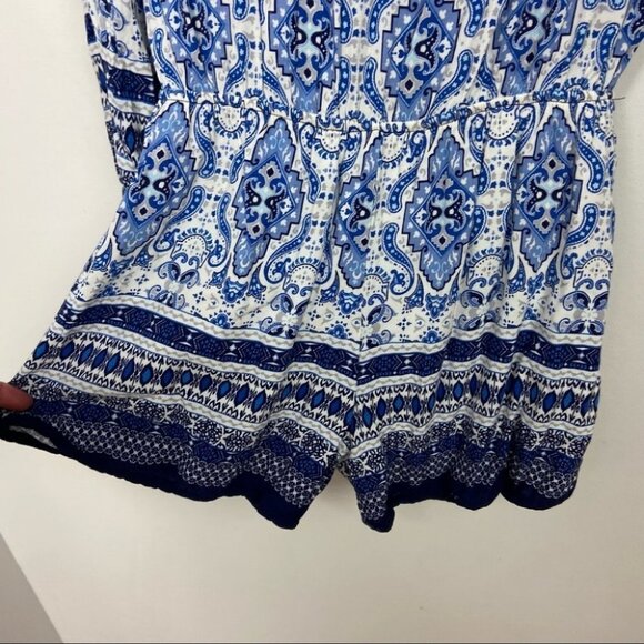 Anthropologie Paisley Print Romper Long Sleeves Blue White Bohemian XS Elevenses - Picture 13 of 16